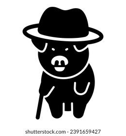 Pig in hat with cane solid icon, funny animal concept, piglet in hat with walking stick vector sign on white background, glyph style icon for mobile concept and web design. Vector graphics