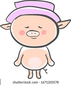 Cerdo con sombrero, ilustración, vector sobre fondo blanco.