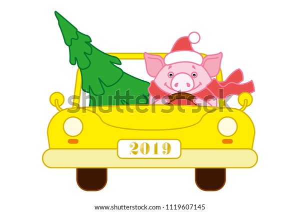 Pig in a hat and scarf\
in a yellow car lucky Christmas tree. Symbol of the new year in the\
Chinese calendar. 2019. Vector. Illustration for postcards,\
stickers, posters