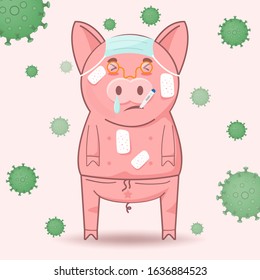 Pig Have A Fever. Sick Pig And A Thermometer. Swine Flu Concept. Health And Medical Concept Vector Illustration.