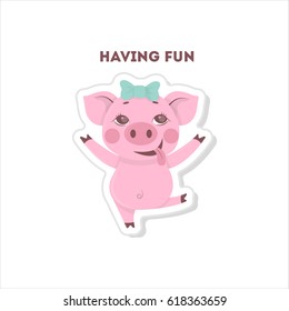 Pig is having fun. Isolated cute sticker on white background.