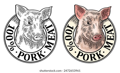 Cabeza de cerdo. 100 por ciento de letras de carne de cerdo. Dibujado a mano en un estilo gráfico. Ilustración de grabado de Vector en color de Antiguas para etiqueta, póster, logotipo. Aislado sobre fondo gris