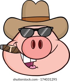 Pig Head Cartoon Character With Sunglasses,Cowboy Hat And Cigar. Vector Illustration Isolated on white