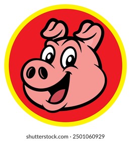 Pig Head cartoon characters smiling with red circle behind. Best for sticker, logo, and mascot with food and restaurant business themes