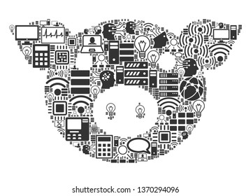 Pig Head collage icon organized for bigdata and computing illustrations. Vector pig head mosaics are organized from computer, calculator, connections, wi-fi, network,