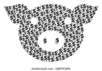 Pig head composition of dollars and round dots. Vector banking signs are arranged into pig head mosaic.