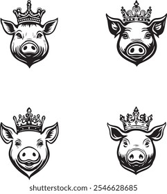 Pig head with crown logo Black and white Silhouette