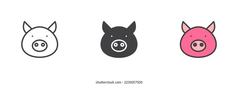 Schweinekopf anderen Stil Symbol Set. Linie, Glyph und gefüllte Umrissversion, Umriss und ausgefülltes Vektorzeichen. Schweinesymbol, Logo-Abbildung. Vektorgrafik