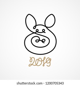 Pig head drawn one single continuous unexpanded line. 2019 new year. Eps8. RGB. Global colors