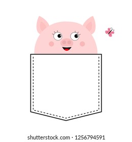 Pig head face in the pocket. Pink butterfly. Cute cartoon animals. Piggy piglet character. Dash line. White and black color. T-shirt design. Baby background. Isolated. Flat design. Vector illustration