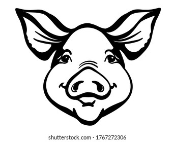Pig head Farm animal. Vector black graphic illustration isolated on white. Pig portrait printable file