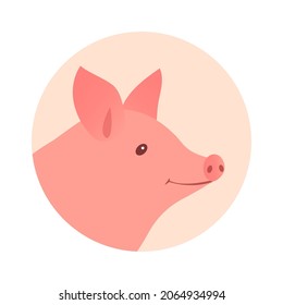 Pig head. Farming and pets. Food and meat. Vector round illustration