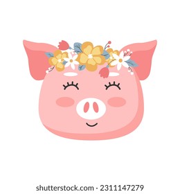 Cabeza de cerdo con corona de flores. Ilustración Cute Vector para diseño infantil, afiche, tarjetas de felicitación de cumpleaños.