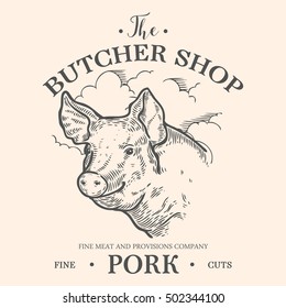 Pig head, Fresh pork organic meat. Hand drawn sketch in a graphic style. Vintage vector engraving illustration for poster, web. Isolated on white background