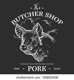 Pig head, Fresh pork organic meat. Hand drawn sketch in a graphic style. Vintage vector engraving illustration for poster, web. Isolated on black background