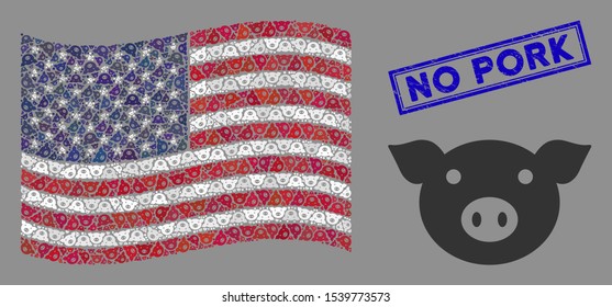 Pig head icons are grouped into American flag stylization with blue rectangle rubber stamp seal of No Pork text. Vector composition of America waving flag is created of pig head icons.