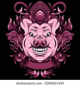 pig head illustration with baroque ornament