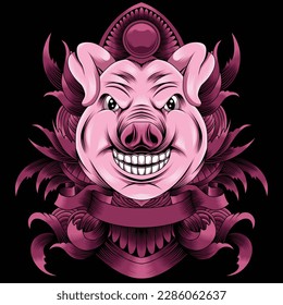 pig head illustration with baroque ornament