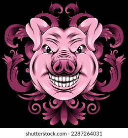 pig head illustration with baroque ornament