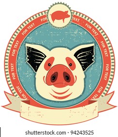 Pig head label on old paper texture.Vintage style