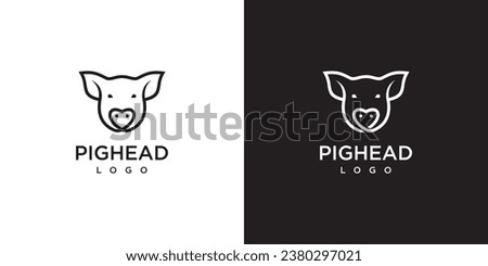 Pig Head Logo Design with Outline Style, Livestock Vector Illustration.