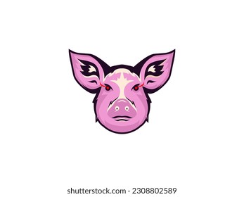 pig head logo. Vector illustration of fat pig isolated on white background. Flat style, side view for bussines, education and food.