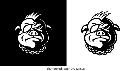 Pig head mascot line art logo with black and white background, suitable for identity logos, brand logos, team logos, icons or symbols.