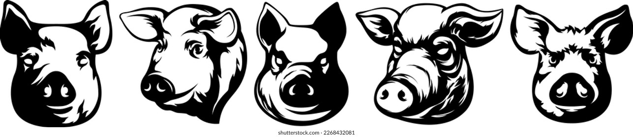 Pig head mascot. Swine logo. Hog illustration set.