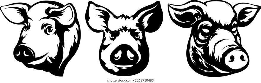 Pig head mascot. Swine logo. Hog illustration set.