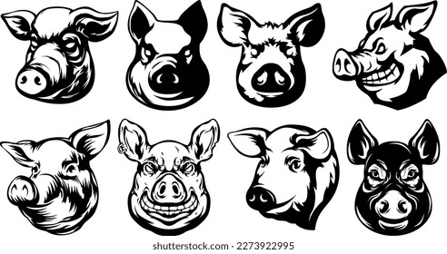 Pig head mascot. Swine logo. Hog illustration set.