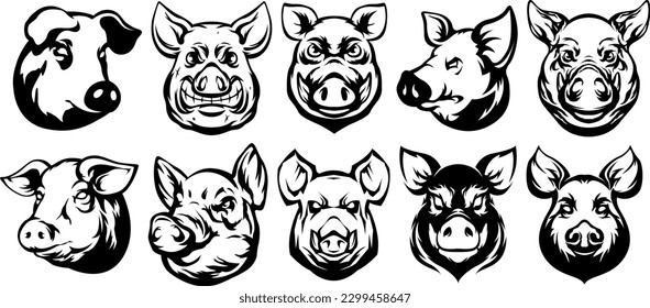 Pig head mascot. Swine logo. Hog illustration set.