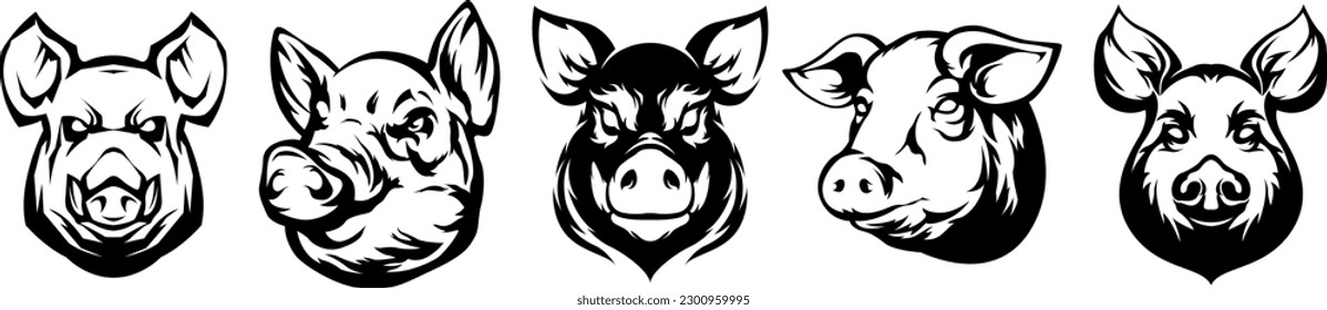 Pig head mascot. Swine logo. Hog illustration set.