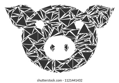 Pig head mosaic of triangle items in variable sizes and shapes. Vector triangles are organized into pig head illustration. Geometric abstract vector illustration.