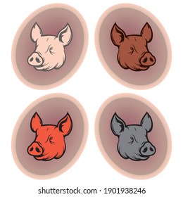 Pig Head On The Button Vector Illustration. Pig Head Silhouette. Pig Face. Pig Head Logo Template.