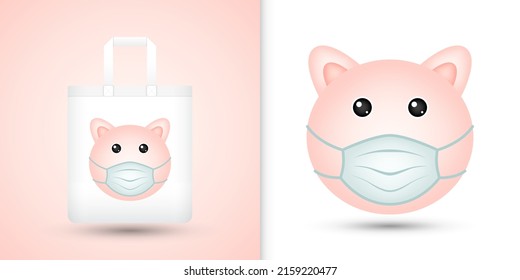 Pig head on white tote bag