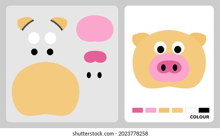 Pig head pattern for kids crafts or paper crafts. Vector illustration of pig puzzle. cut and glue patterns for children's crafts.