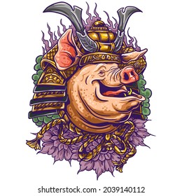 Pig head samurai illustration vector