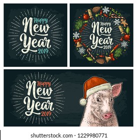 Pig head in Santa Claus hat. Happy New Year 2019 calligraphy lettering with salute. Circle shape set with candy, rocket, snowflake, pine cone, fir branch, toy. Vector color vintage engraving on dark