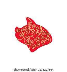 Pig head silhouette. Chinese ornamental design. Red ang gold vector illustration isolated on white background.