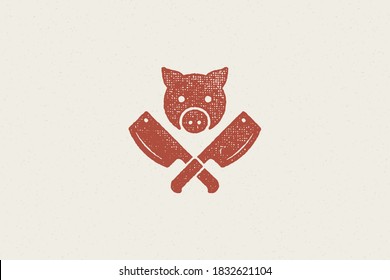 Pig head silhouette and crossed butcher knives for butchery industry hand drawn stamp effect vector illustration. Vintage grunge texture emblem for packaging and menu design or label decoration