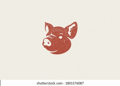 Pig head silhouette for meat industry hand drawn stamp effect vector illustration. Vintage grunge texture emblem for butchery packaging and menu design or label decoration.