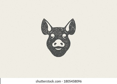 Pig head silhouette for meat industry hand drawn stamp effect vector illustration. Vintage grunge texture emblem for butchery packaging and menu design or label decoration.