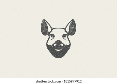 Pig head silhouette for meat industry hand drawn stamp effect vector illustration. Vintage grunge texture emblem for butchery packaging and menu design or label decoration.