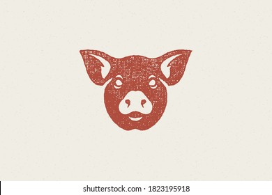 Silueta de cabeza de cerdo para la industria cárnica efecto de sello dibujado a mano ilustración vectorial. Emblema de textura de grunge vintage para empaque de carnicería y diseño de menú o decoración de etiquetas.