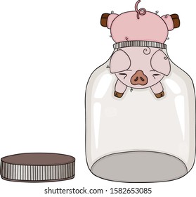 Pig Head Stuck In Empty Glass Transparent Jar