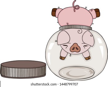 Pig Head Stuck In Empty Round Glass Transparent Jar
