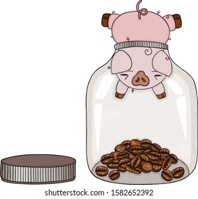 Pig Head Stuck In Glass Jar With Beans Of Coffee
