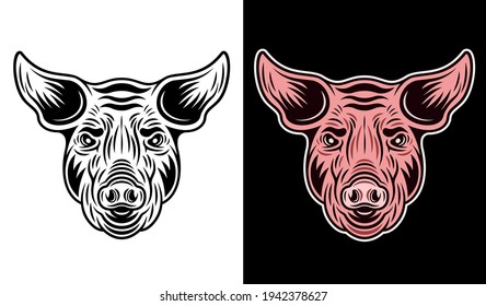 Pig head in two styles monochrome on white and colorful on dark background vector illustration