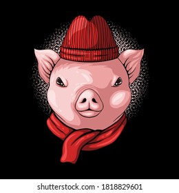 Pig head wear beanie and scarf vector illustration for your company or brand
