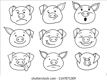 Pig heads with the expression of different emotions. Objects isolated on white, vector black on white illustration.